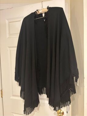Nina Leonard Black Fringe Open-Front Cape